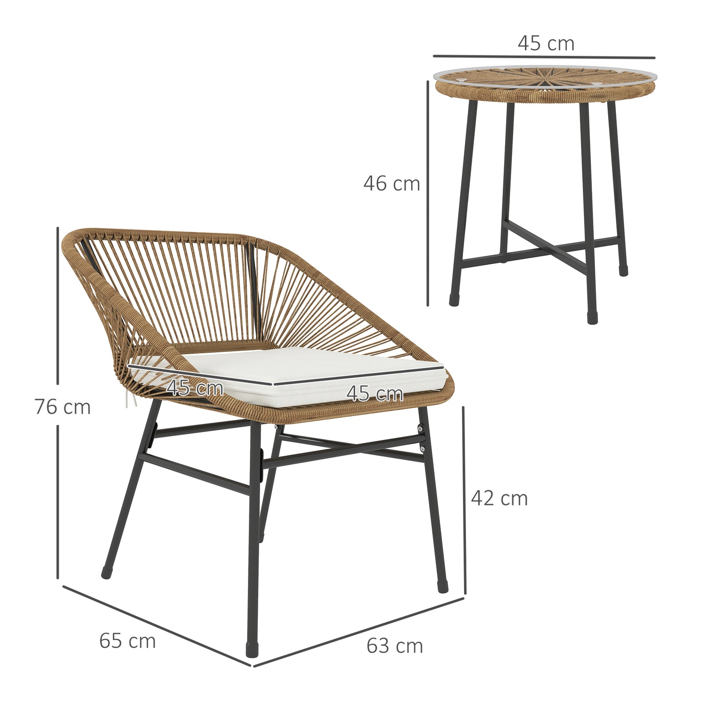 3 Pieces Rattan Bistro Set, Wicker Small Garden Table and Chairs Set with Cushions and Glass Top Coffee Table