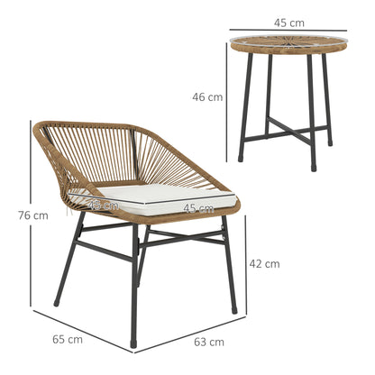 3 Pieces Rattan Bistro Set, Wicker Small Garden Table and Chairs Set with Cushions and Glass Top Coffee Table