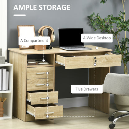 Computer Desk with 5 Drawers, Home Office Desk with Lockable Drawer and Storage Shelf, Study Table for Bedroom