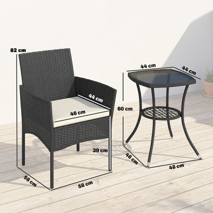 3 Piece Rattan Bistro Set, PE Wicker Garden Furniture Conversation Set with 2 Tier Glass-Top Table, Chairs, Cream White