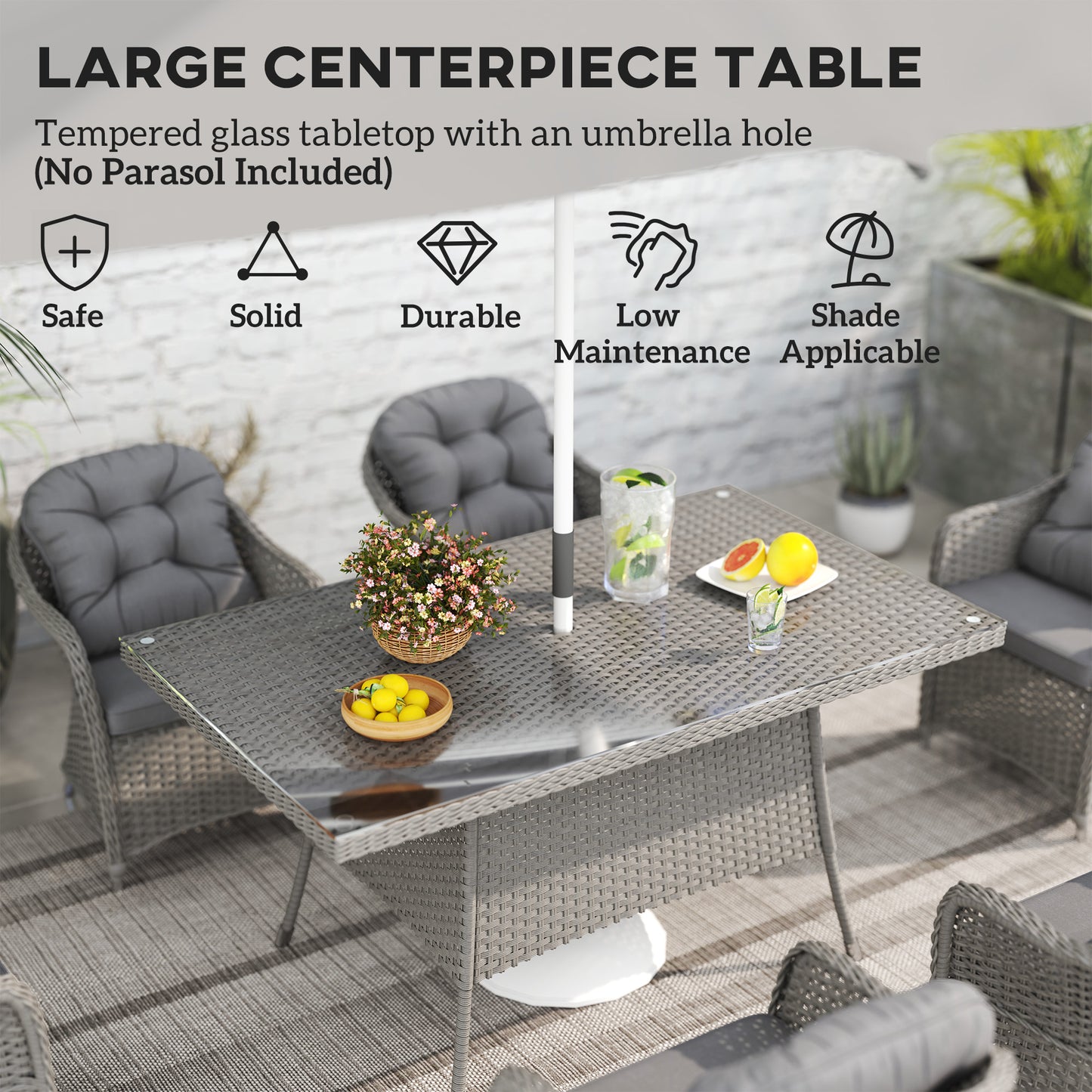 Seven-Piece Rattan Dining Set - Light Grey
