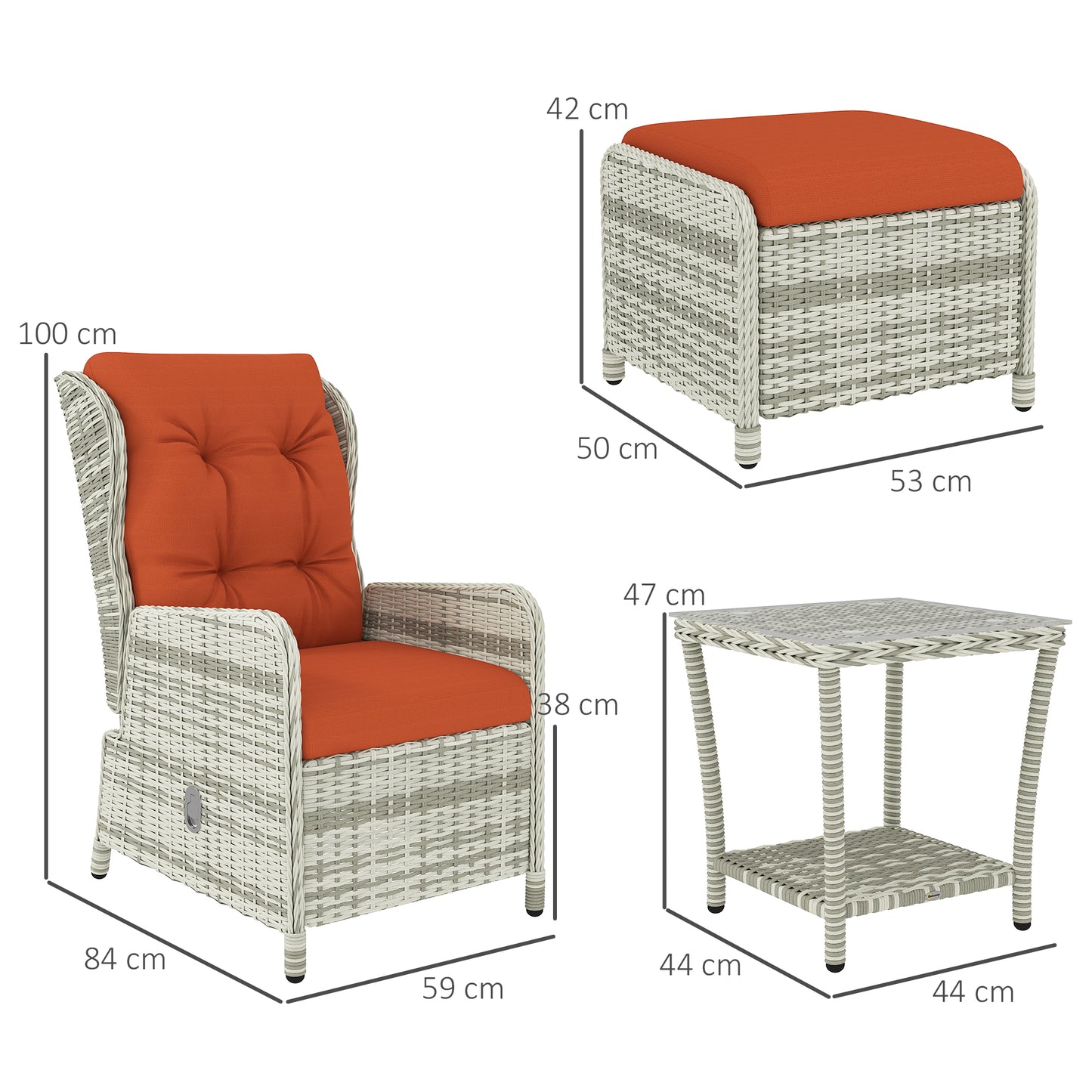 5 Pieces Rattan Bistro Set with Adjustable Back, Reclining Wicker Balcony Furniture with Cushions