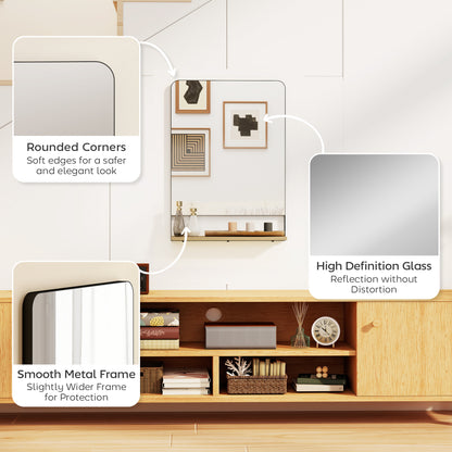 Wall Mirror with Wood Shelf - Black