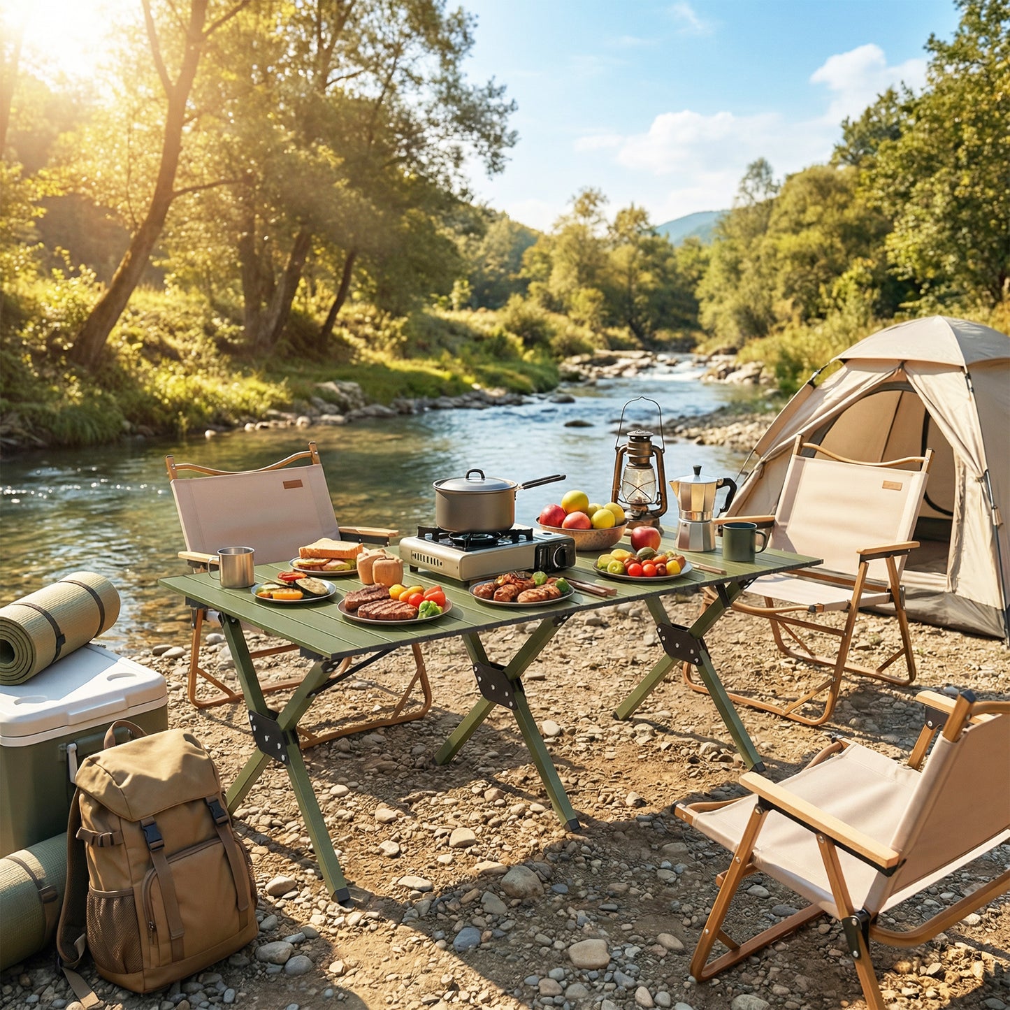 4ft Folding Camping Table, Waterproof Picnic Table with Roll Up Top, Carrying Bag and Metal Frame, Green