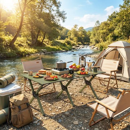 4ft Folding Camping Table, Waterproof Picnic Table with Roll Up Top, Carrying Bag and Metal Frame, Green