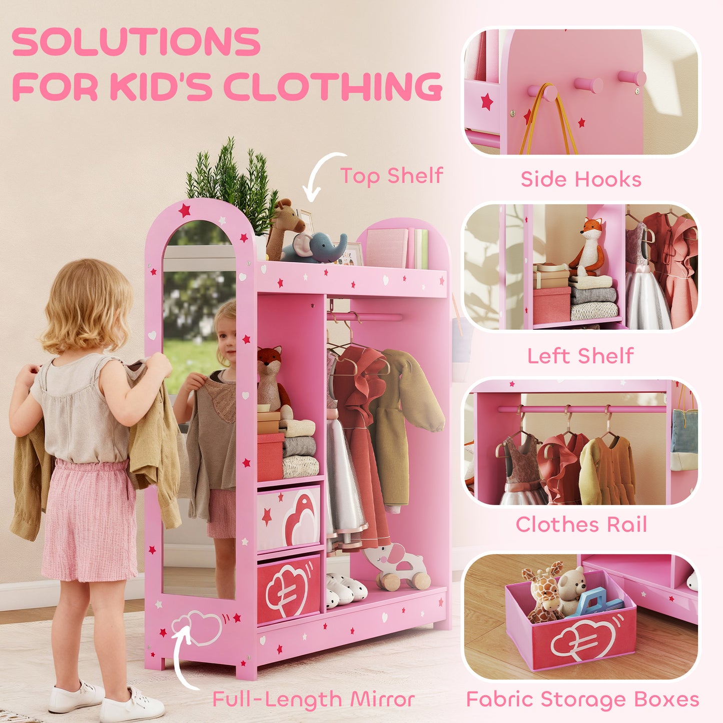 Kids Clothes Rail, Kids Wardrobe with Mirror, Shelves, Fabric Storage and Hooks for Bedroom, Nursery, Pink