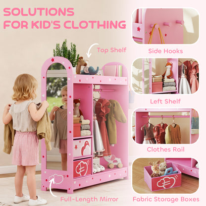 Kids Clothes Rail, Kids Wardrobe with Mirror, Shelves, Fabric Storage and Hooks for Bedroom, Nursery, Pink