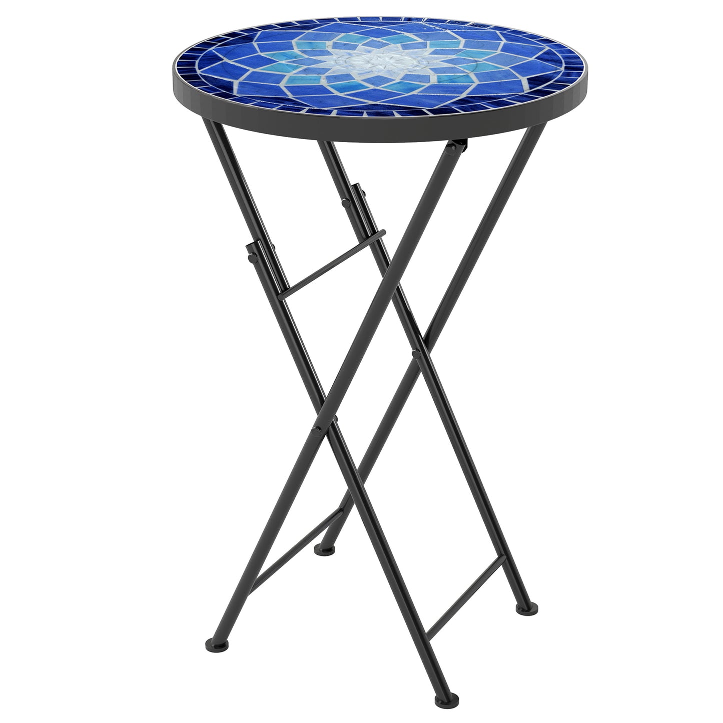 Mosaic Outdoor Garden Table, 35.5cm Round Folding Coffee Table with Metal Frame for Balcony Terrace, Navy Blue