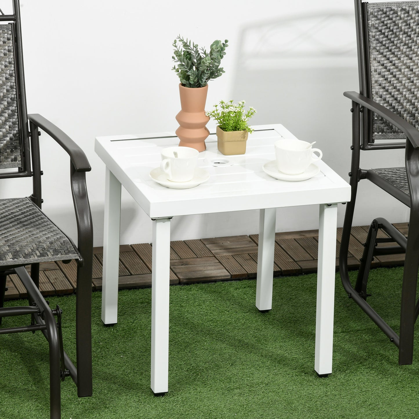 Garden Side Table End Table Patio Coffee Table with Umbrella Hole, Steel Frame for Balcony, White