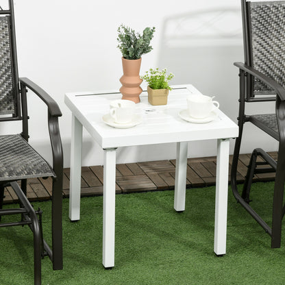 Garden Side Table End Table Patio Coffee Table with Umbrella Hole, Steel Frame for Balcony, White