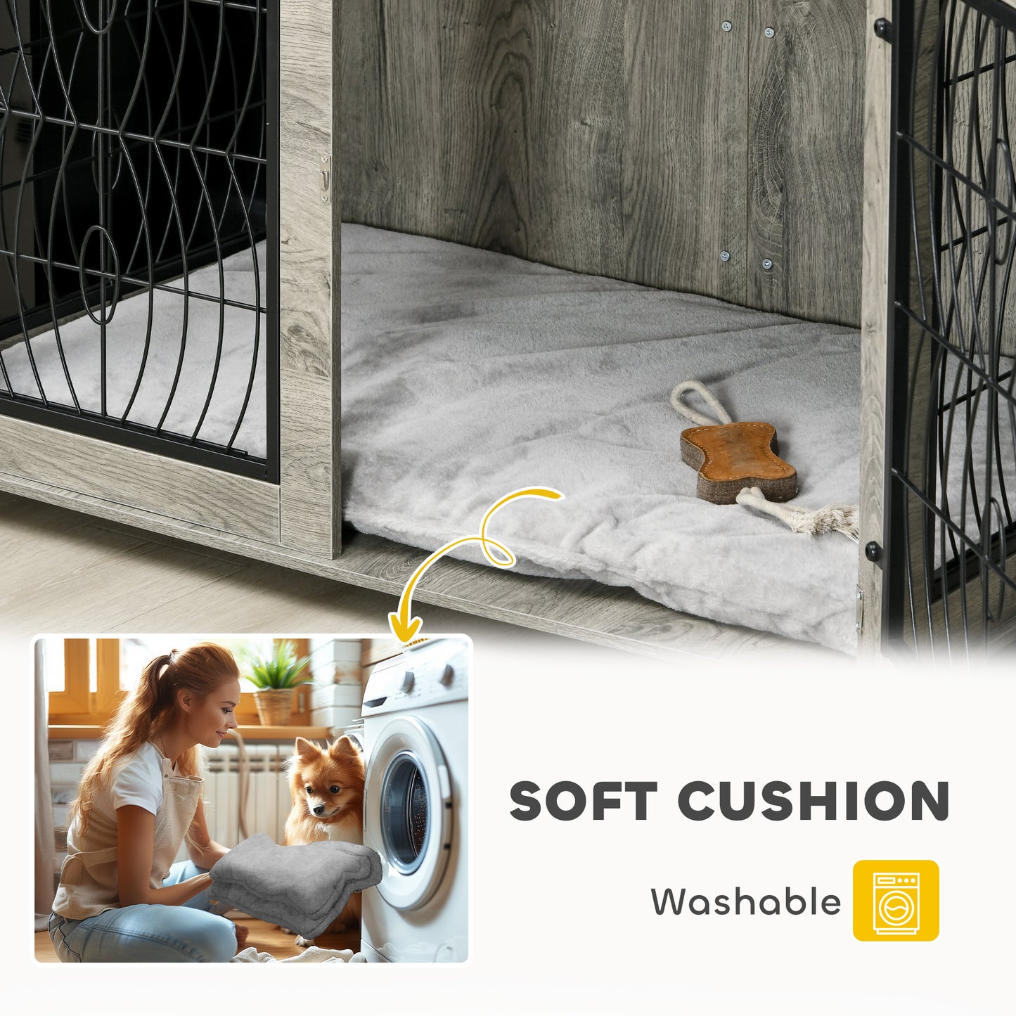 46.46'' Dog Crate Furniture Table with Soft Washable Cushion and Lockable Door, for Large Indoor Dogs, Grey