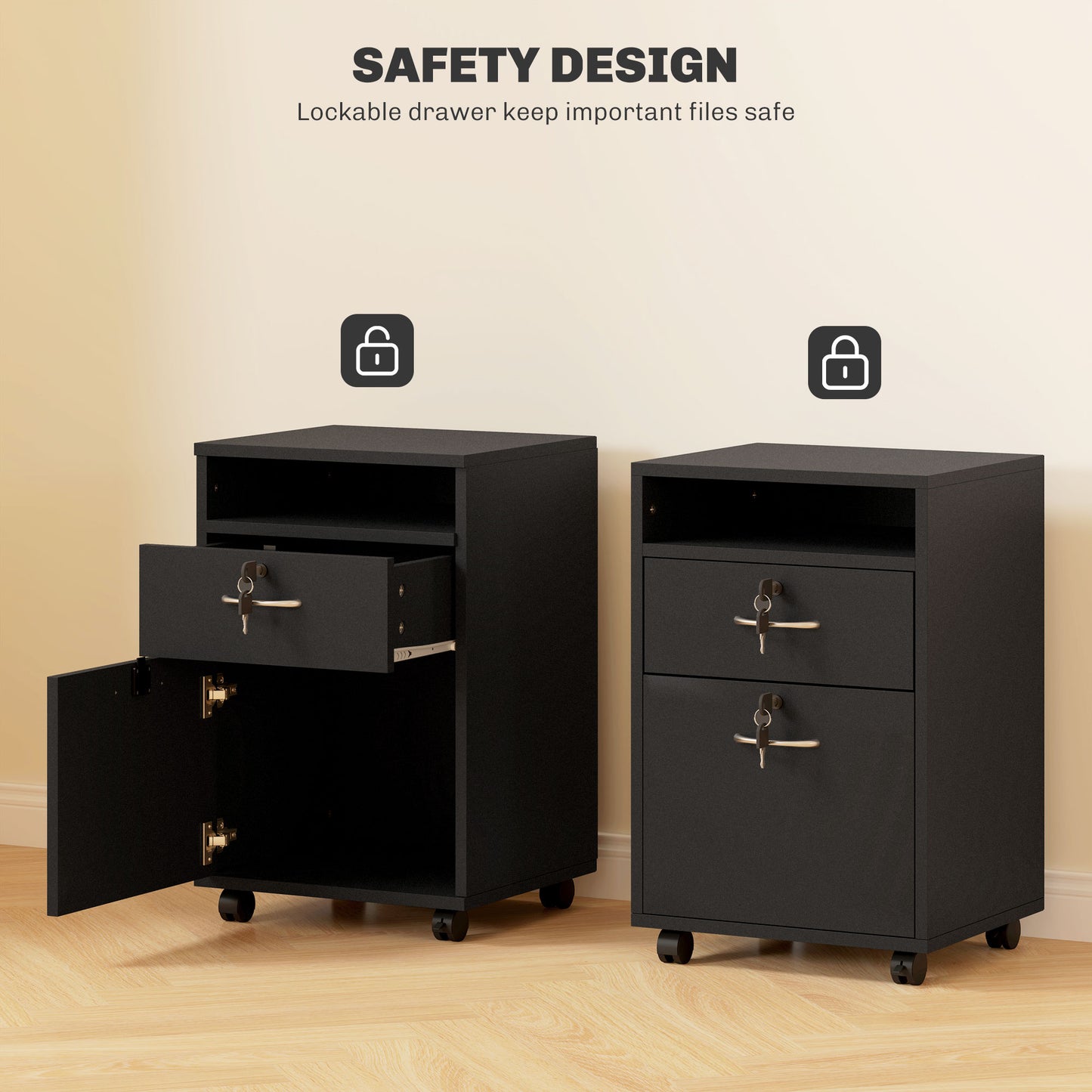 Filing Cabinet, Mobile File Cabinet with 2 Lockable Drawers, Office Home Organiser on Wheels for A4