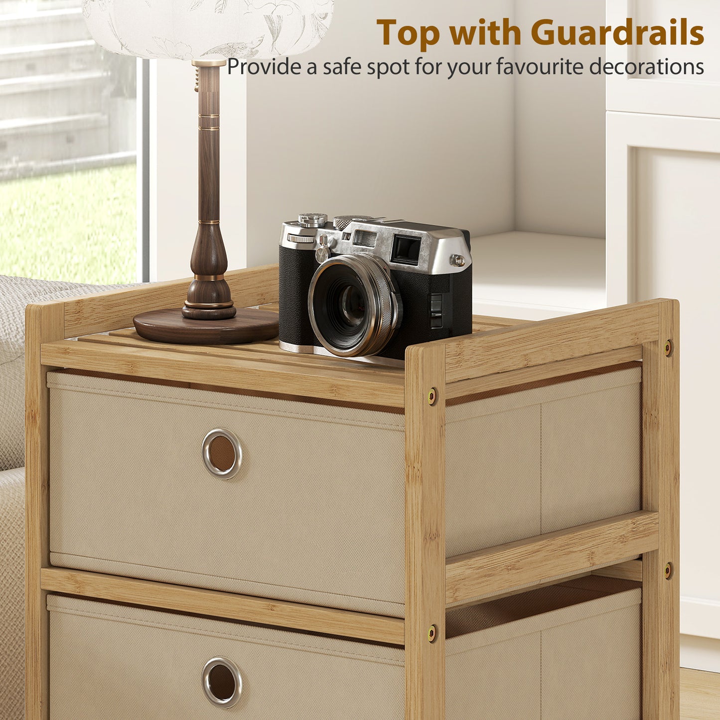 Chest of Drawers, 4 Fabric Drawers Narrow Dresser with Bamboo Frame, Cream White