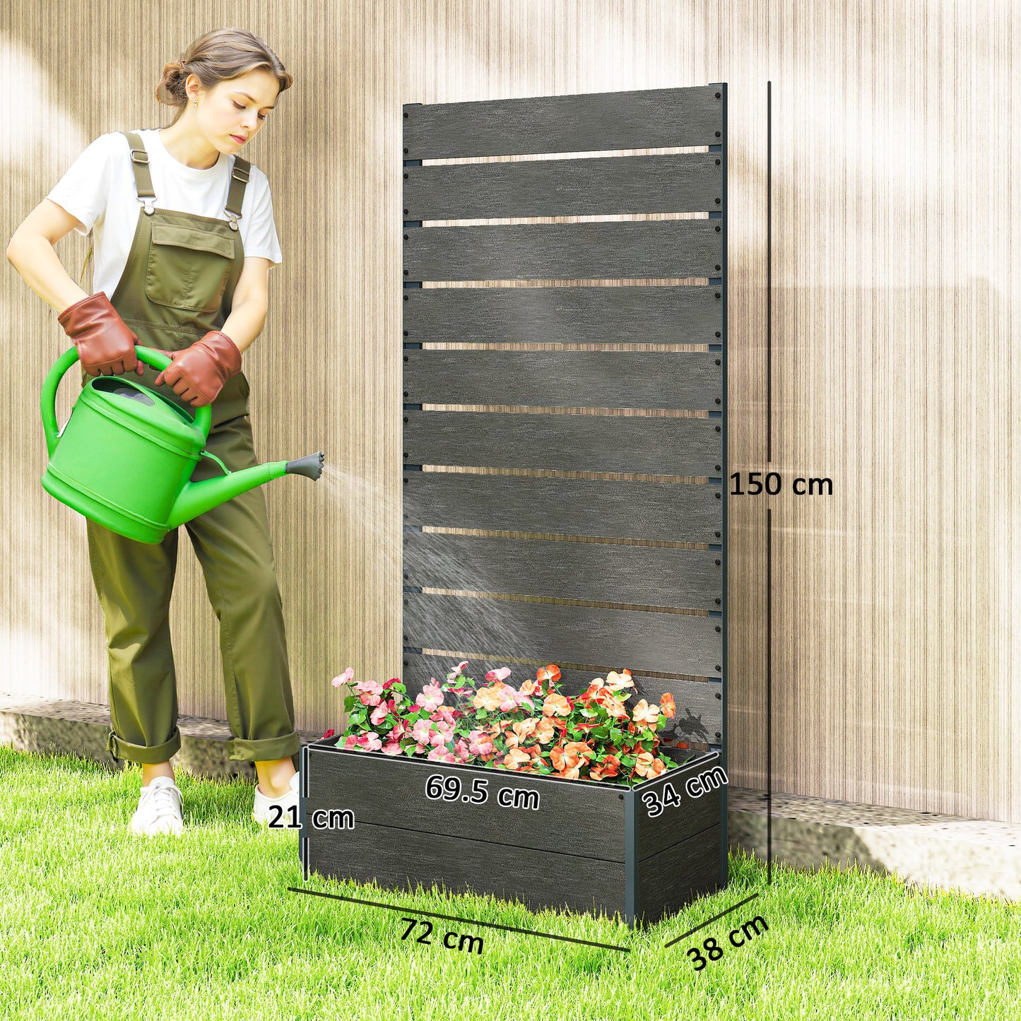 34 x 69.5cm Garden Planter Box, with Back Trellis, Grey