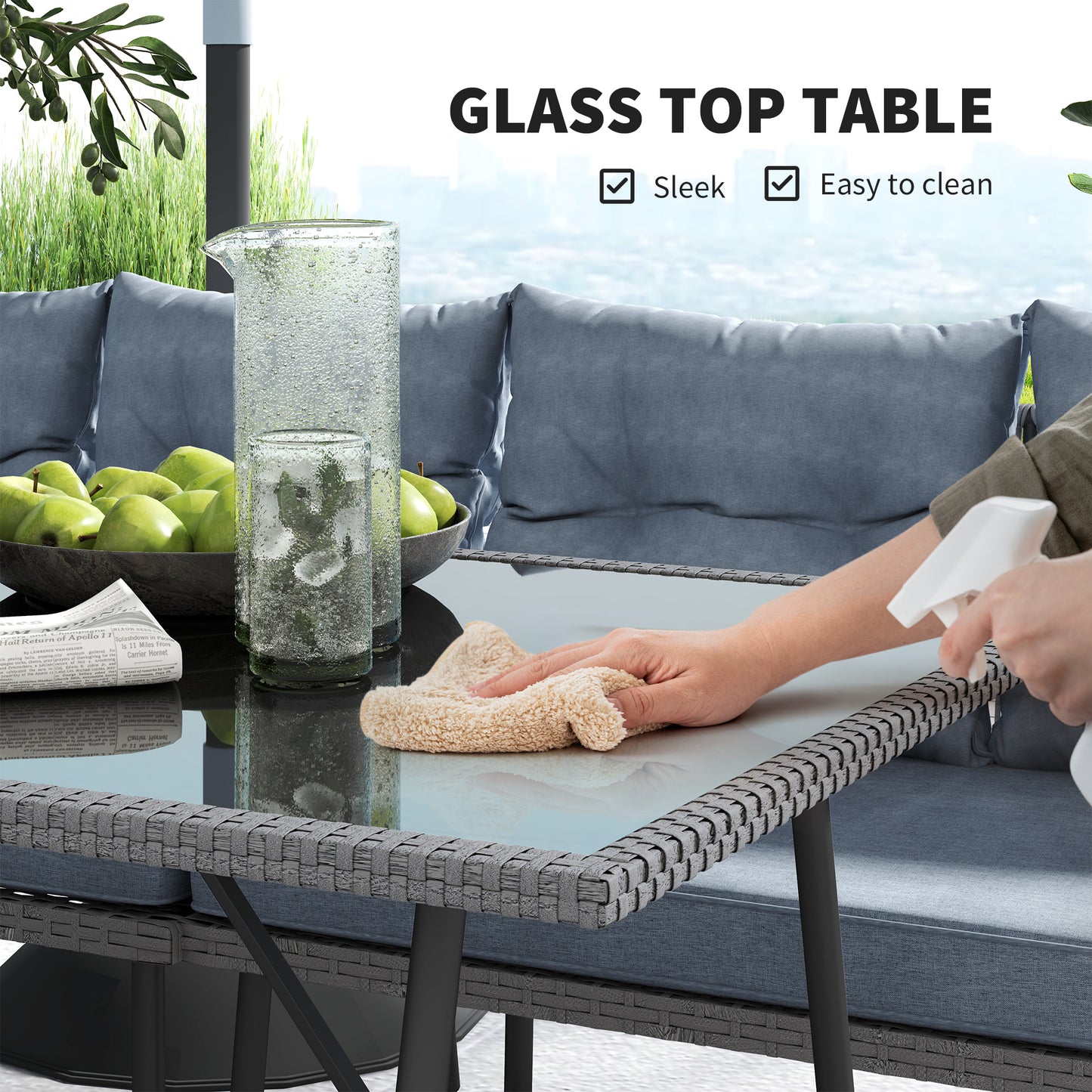 6 Piece Rattan Garden Furniture Set, 8 Seater Garden Corner Sofa with Cushions and Glass Top Table