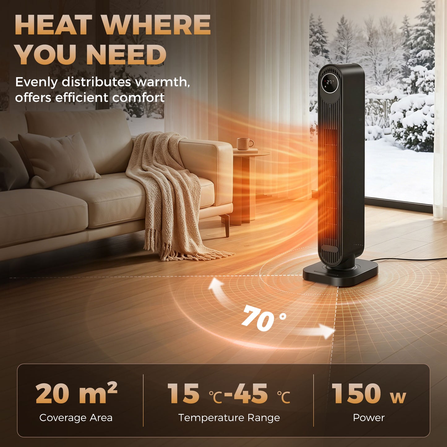2000W Ceramic Electric Heater with Fan, Timer, Oscillation - Black