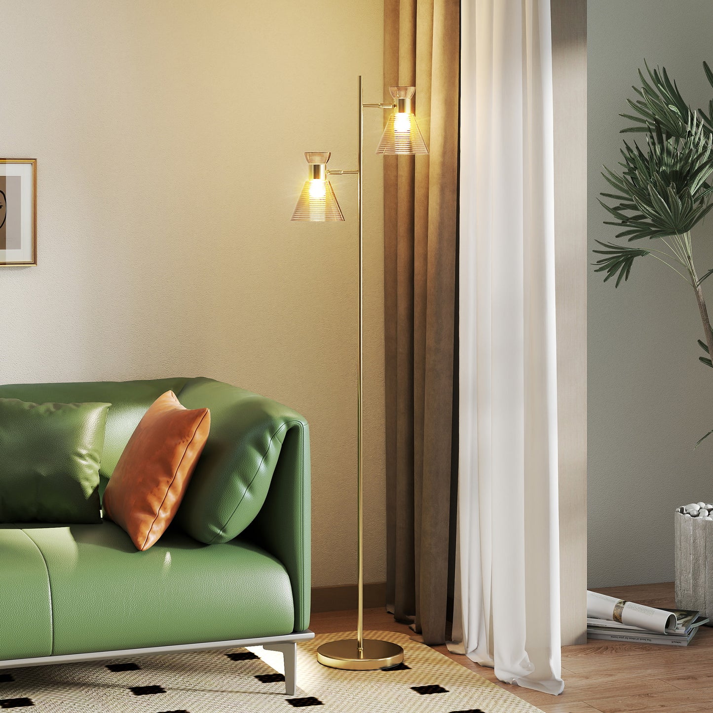 Floor Lamp with Adjustable Dual Head, Modern Standing Lamp with Floral Glass Shades and Foot Switch for Living Room Bedroom