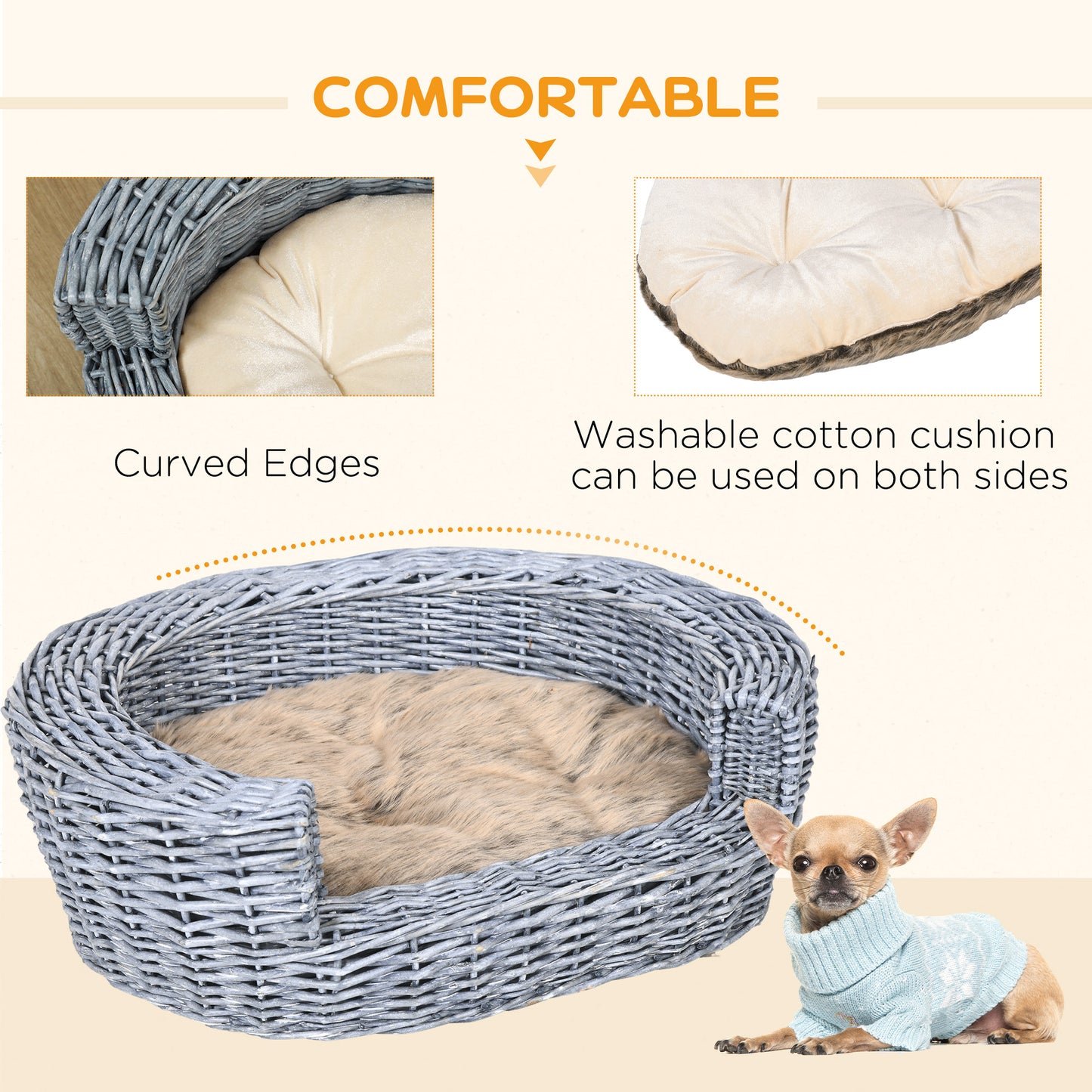 Wicker Pet Bed Willow Dog Cat Sofa Puppy Basket with Cushion Grey 57L x 46W x 17.5H cm