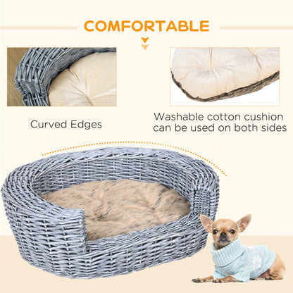 Wicker Pet Bed Willow Dog Cat Sofa Puppy Basket with Cushion Grey 57L x 46W x 17.5H cm