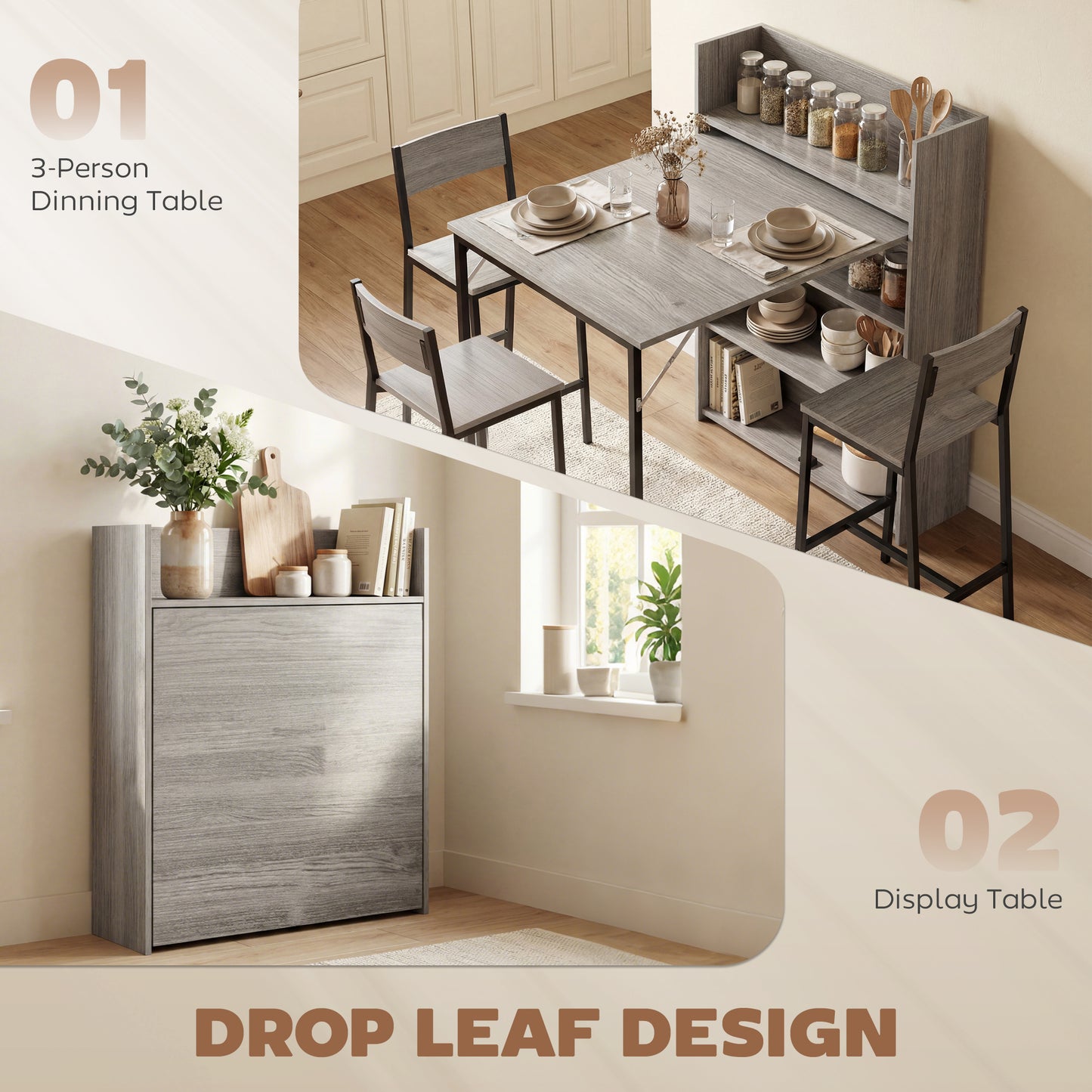 Kitchen Table, Folding Dining Table, with 4-Tier Shelves, Modern Drop-Leaf Table, Grey Wood Effect