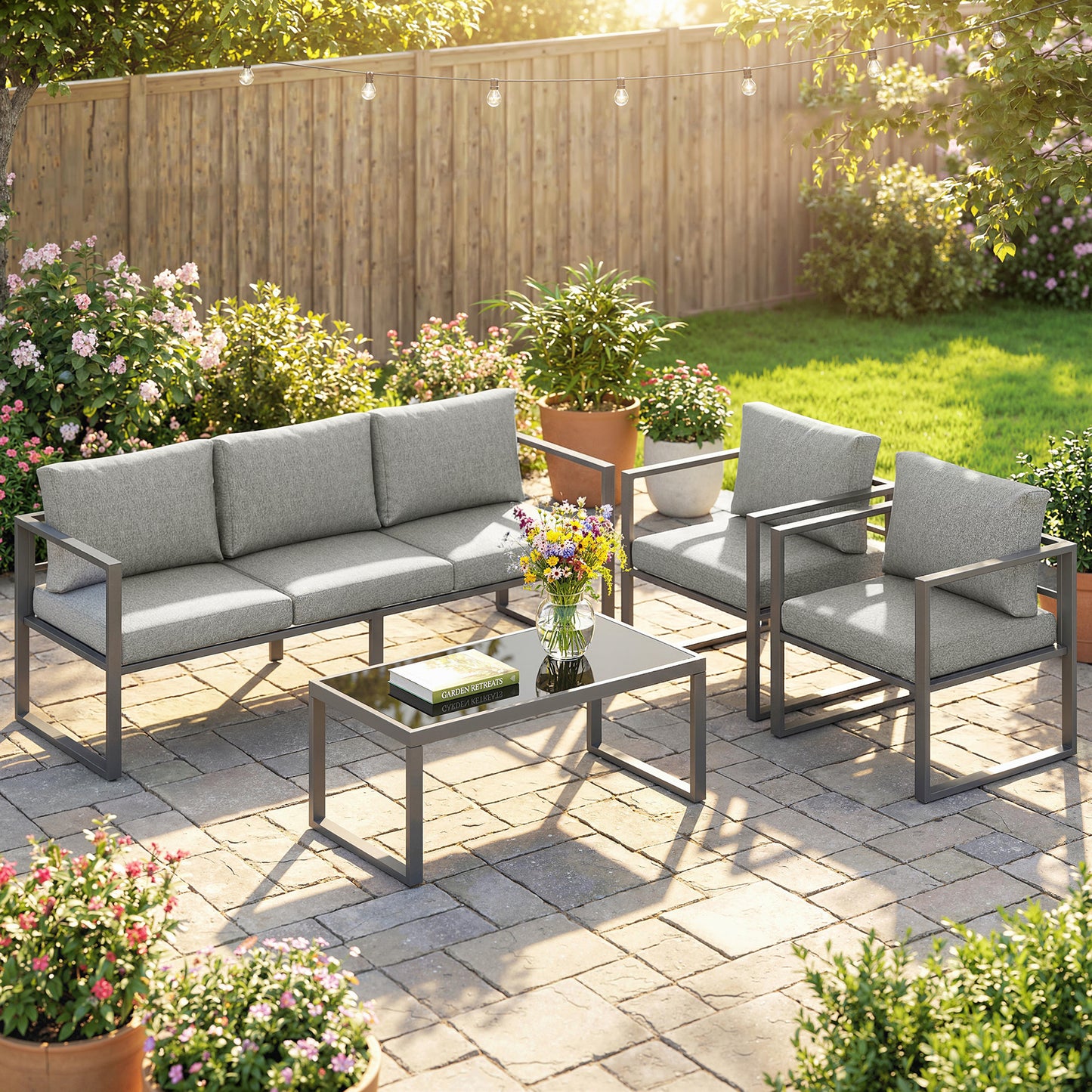 4 Piece Outdoor Garden Furniture Set, Patio Furniture with 3-Seater Sofa, Armchairs and Coffee Table