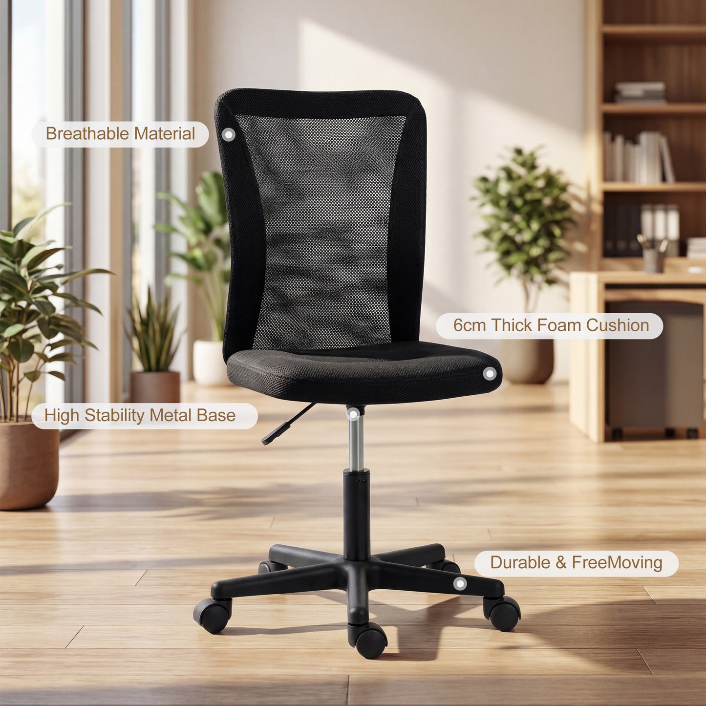 Computer Desk Chair, Armless Mesh Office Chair with Adjustable Height and Rolling Wheels, Black