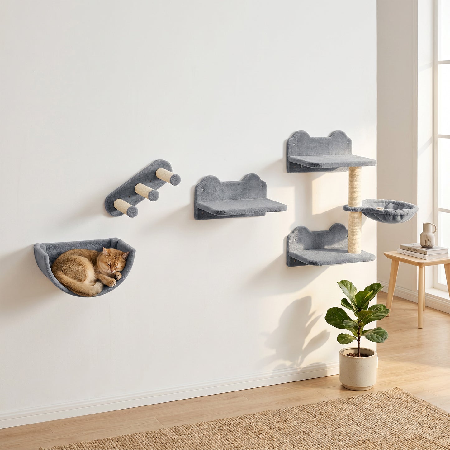 4PCs Wall-Mounted Cat Shelves w/ Scratching Post, Hammock, Nest - Grey