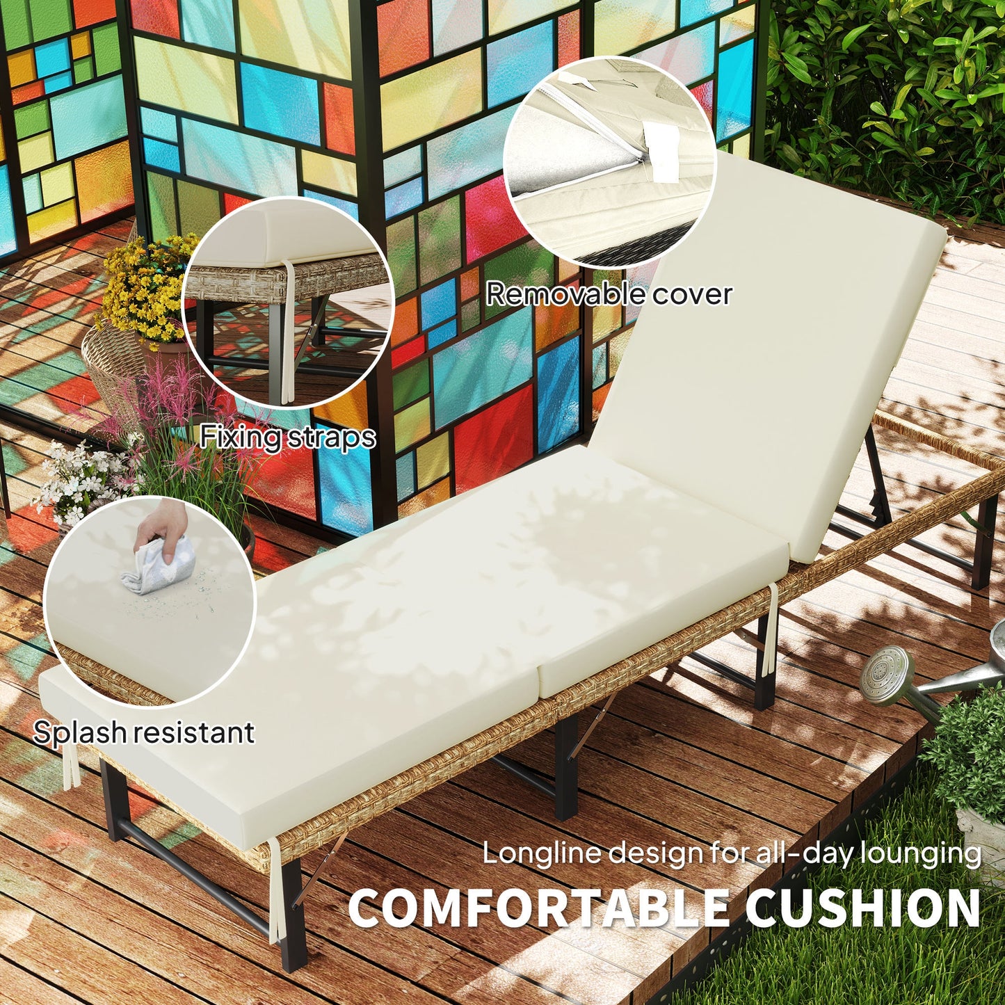 Single Folding Rattan Sun Lounger, with Cushion - Grey