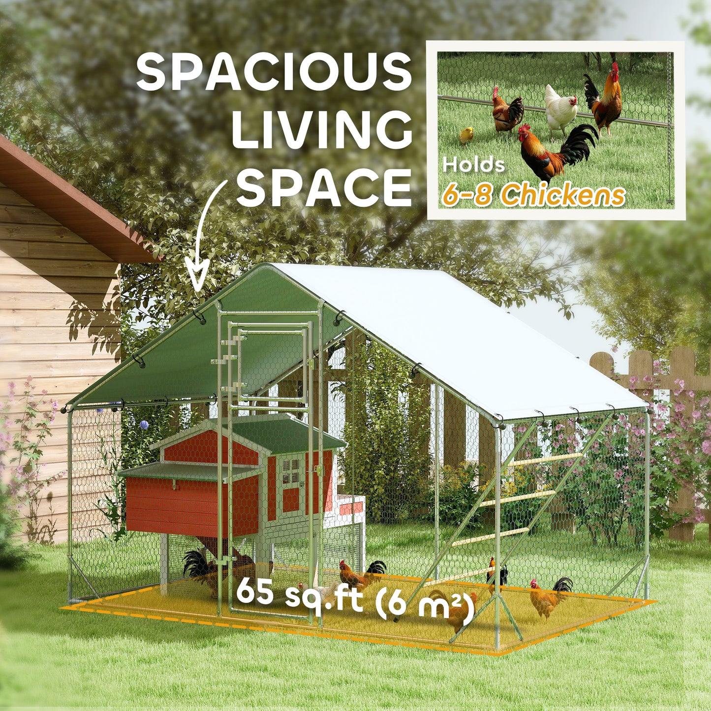 Walk-in Chicken Run with Cover, Feeding Door, Hanging Feeder, Perch, for 6-8 Poultry