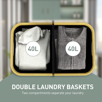 Double Laundry Basket With Lid, 80L Collapsible Laundry Hamper with Groove Handles, Washing Basket for Bathroom, Bedroom