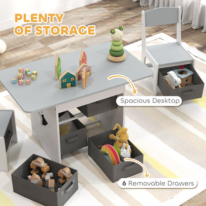 Kids Table and Chair Set, Toddler Table and 2 Chairs Set with 6 Removable Drawers, for Boys Girls Ages 3-8, Light Grey