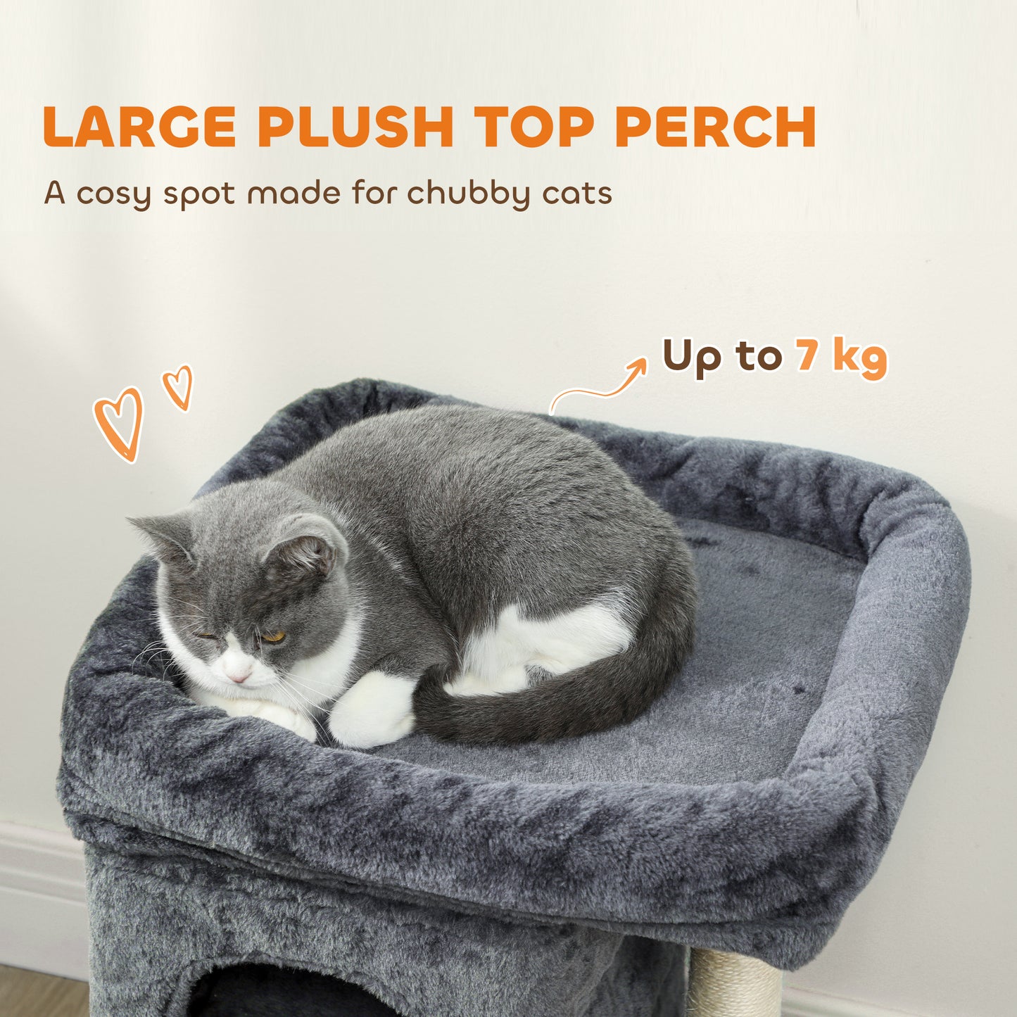 66 cm Small Cat Tree for Large Cats, Cat Tower w/ Large Top Perch, 2 Condos, Sisal Scratching Post, Toy Ball, Dark Grey