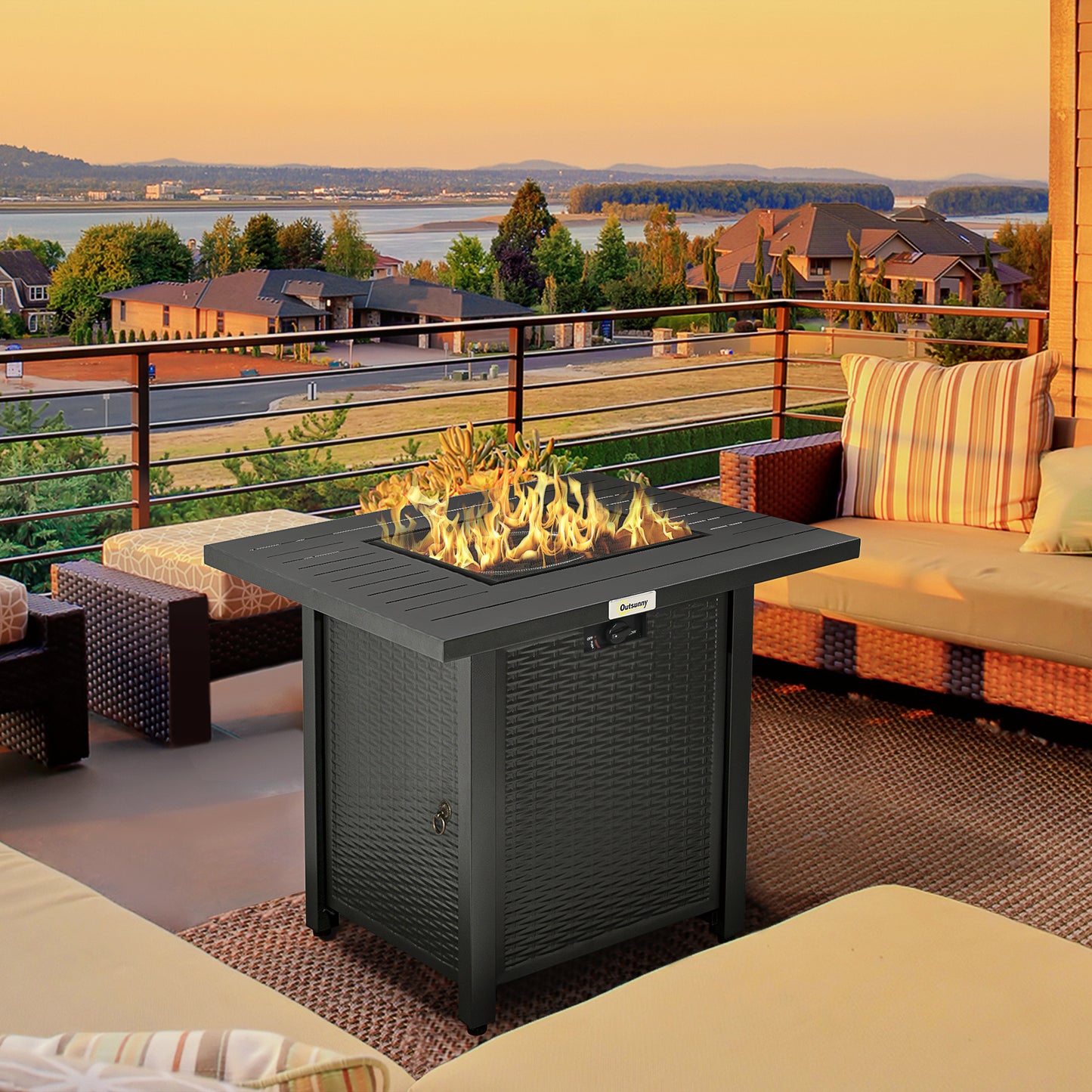 Rattan-style Propane Gas Fire Pit Table with 40,000 BTU Burner, Square Smokeless Firepit Patio Heater with Thermocouple
