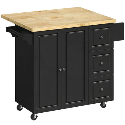 Kitchen Island on Wheels, Rolling Kitchen Storage Trolley with Drop Leaf, Drawers, Towel and Spice Rack, Black