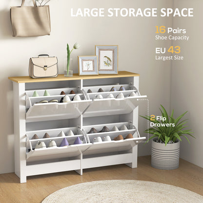 Slim Shoe Cabinet, Narrow Shoe Cupboard with 4 Flip Drawers, Adjustable Shelves for 16 Pairs of Shoes, White