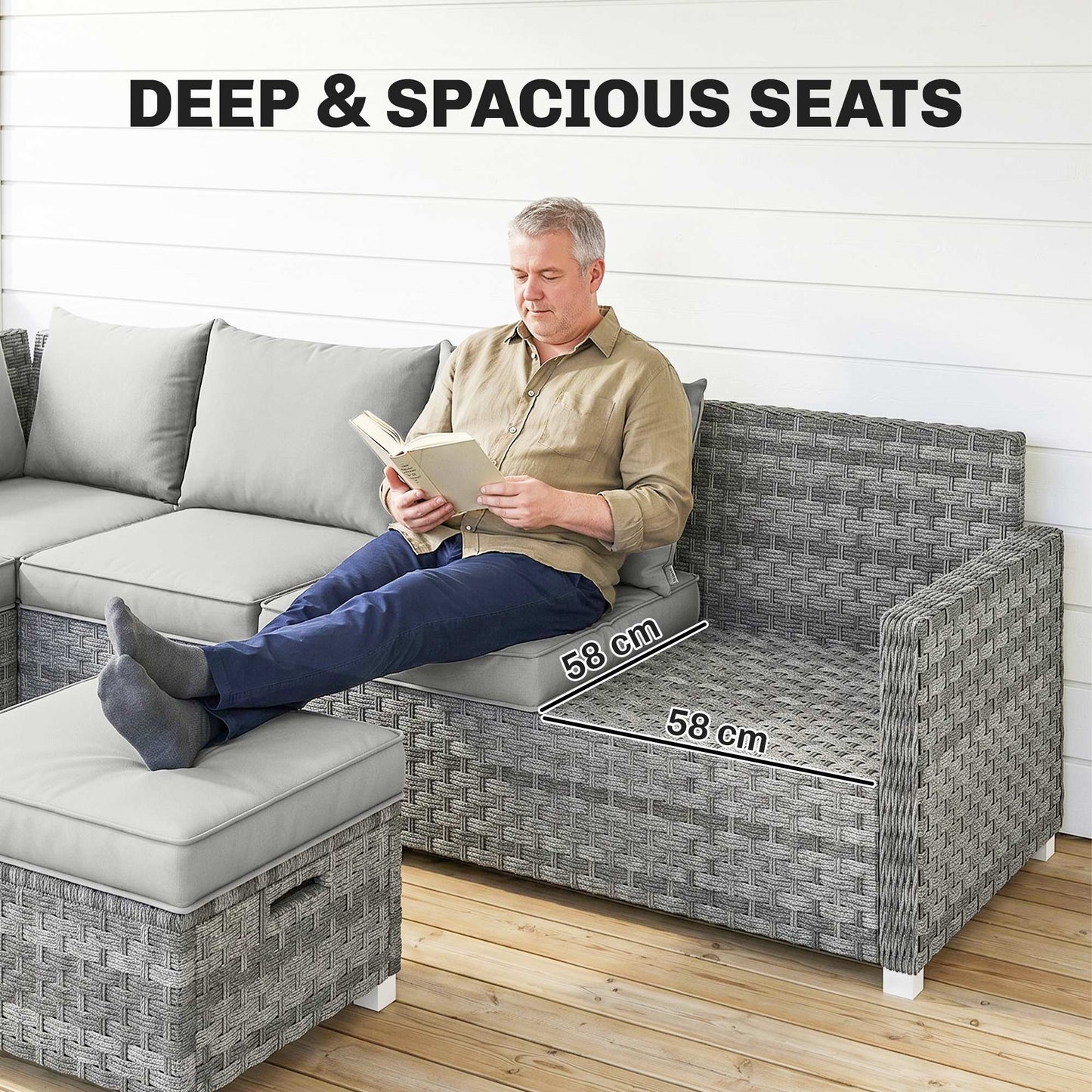 6 Seater Rattan Garden Furniture Set with 3 Sofas, 2 Footstools, Table, Patio Rattan Furniture Sofa Sets, Grey