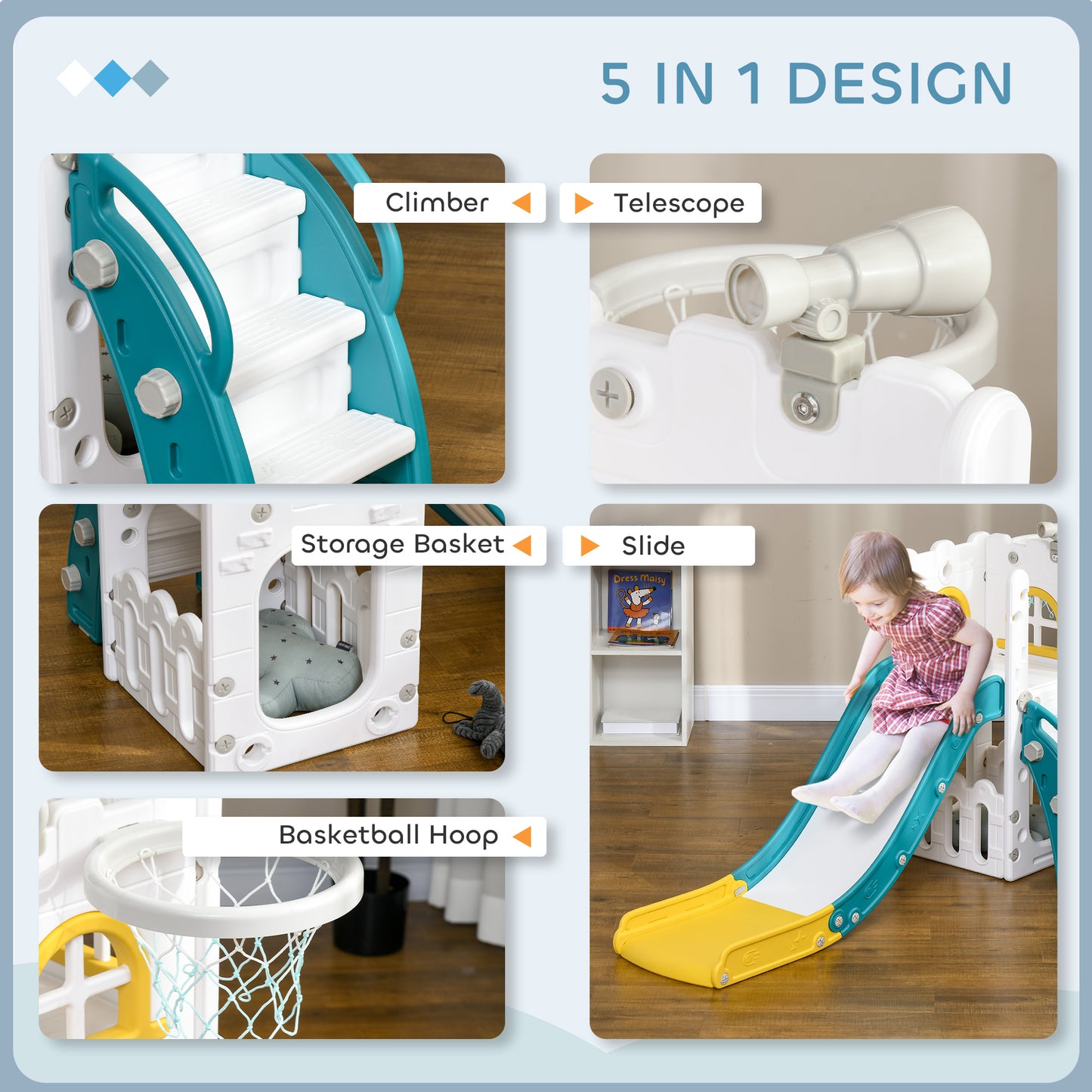 5 in 1 Toddler Slide with Basketball Hoop, Climber, Telescope, Storage Basket, for Ages 1-3 Years, Yellow