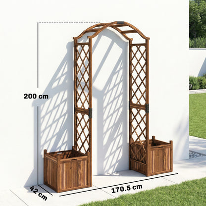 Wooden Garden Arch with 2 Planter Boxes, Outdoor Rose Arch Trellis for Climbing Vines, Carbonised