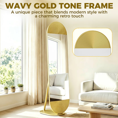 50 x 161 cm Wavy Full Length Mirror, Free Standing Mirror with Metal Frame and Solid Base, Gold Tone