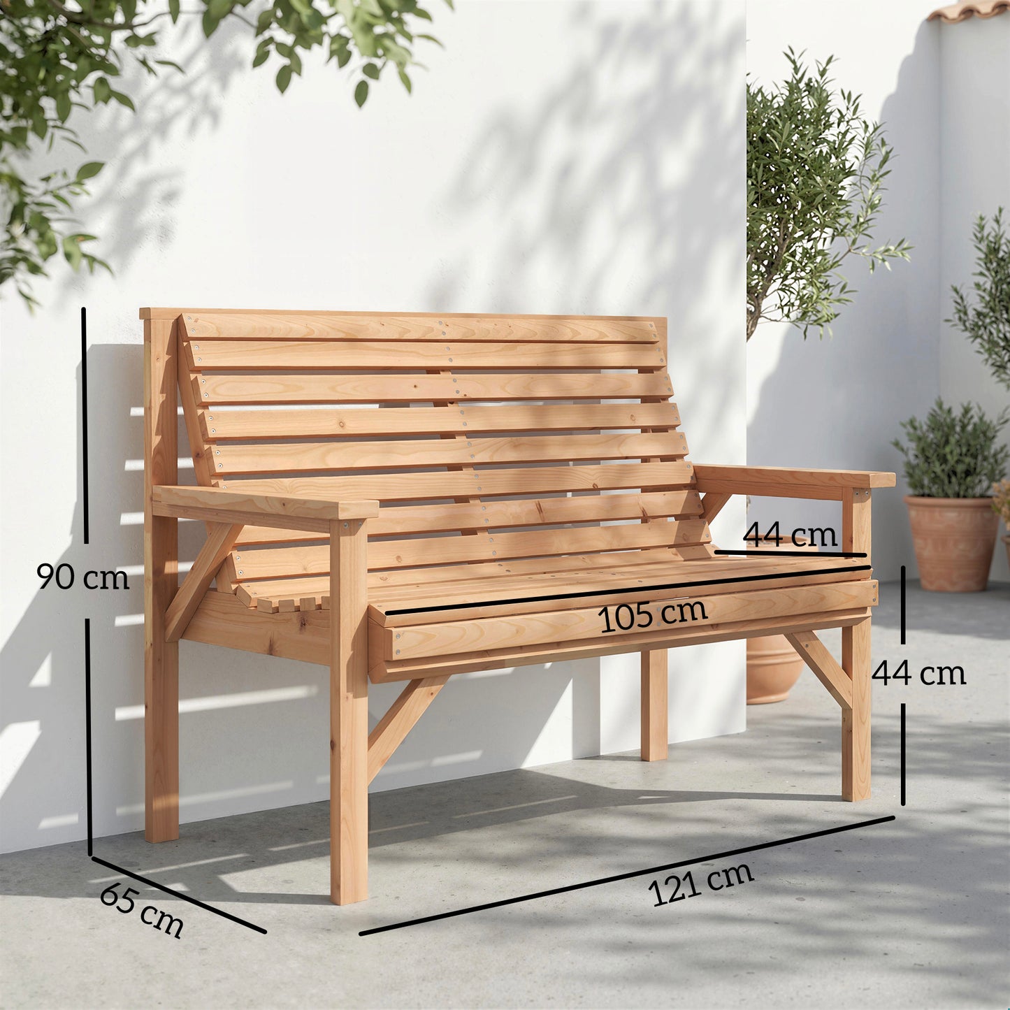 2 Seater Wooden Garden Bench, Slatted Patio Bench with Armrest and Backrest, Outdoor Furniture for Indoor, Balcony