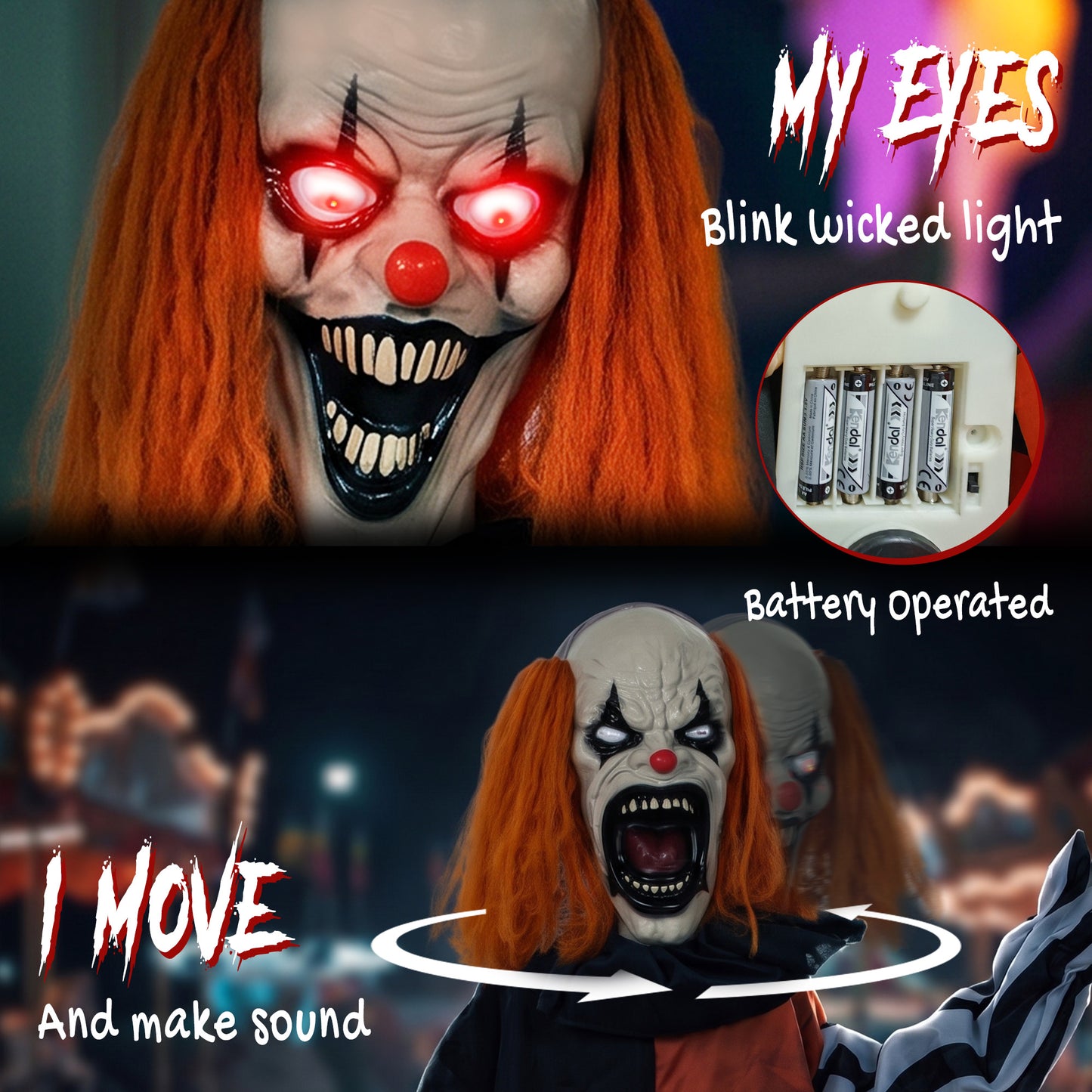 Animated Halloween Face Changing Clown, Animatronic Joker with Cackling Sound, Glowing Eyes, Sound/Touch Activated