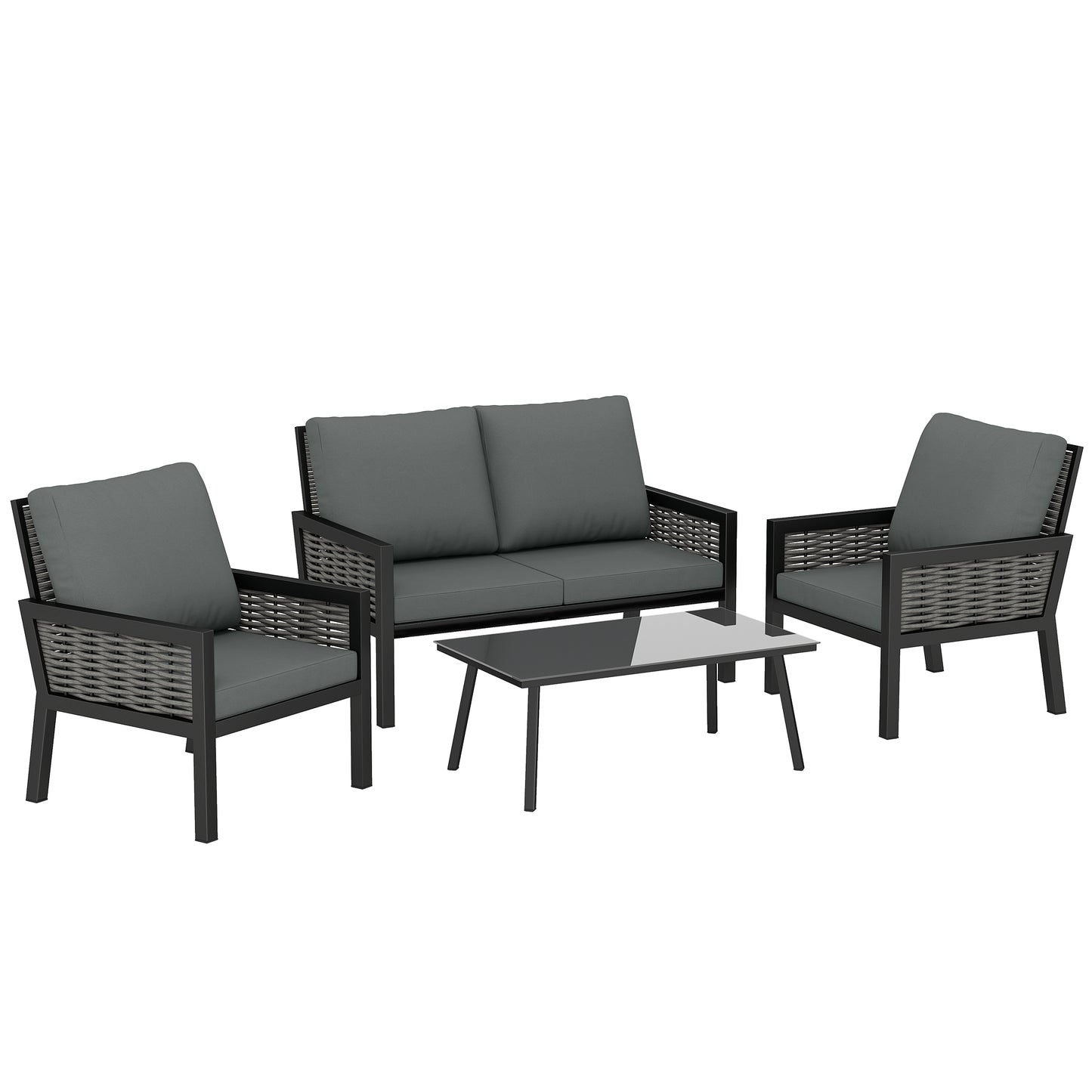 4 Seater Rattan Garden Furniture Set with 2 Armchairs, Loveseat, Coffee Table, Garden Sofa Set with Cushions, Dark Grey