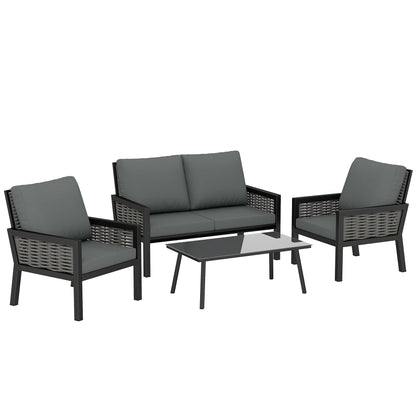 4 Seater Rattan Garden Furniture Set with 2 Armchairs, Loveseat, Coffee Table, Garden Sofa Set with Cushions, Dark Grey