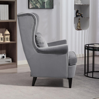 Modern Accent Chair with High Backrest and Pillow, Velvet-Feel Fabric Reading Chair with Solid Wood Legs, Grey