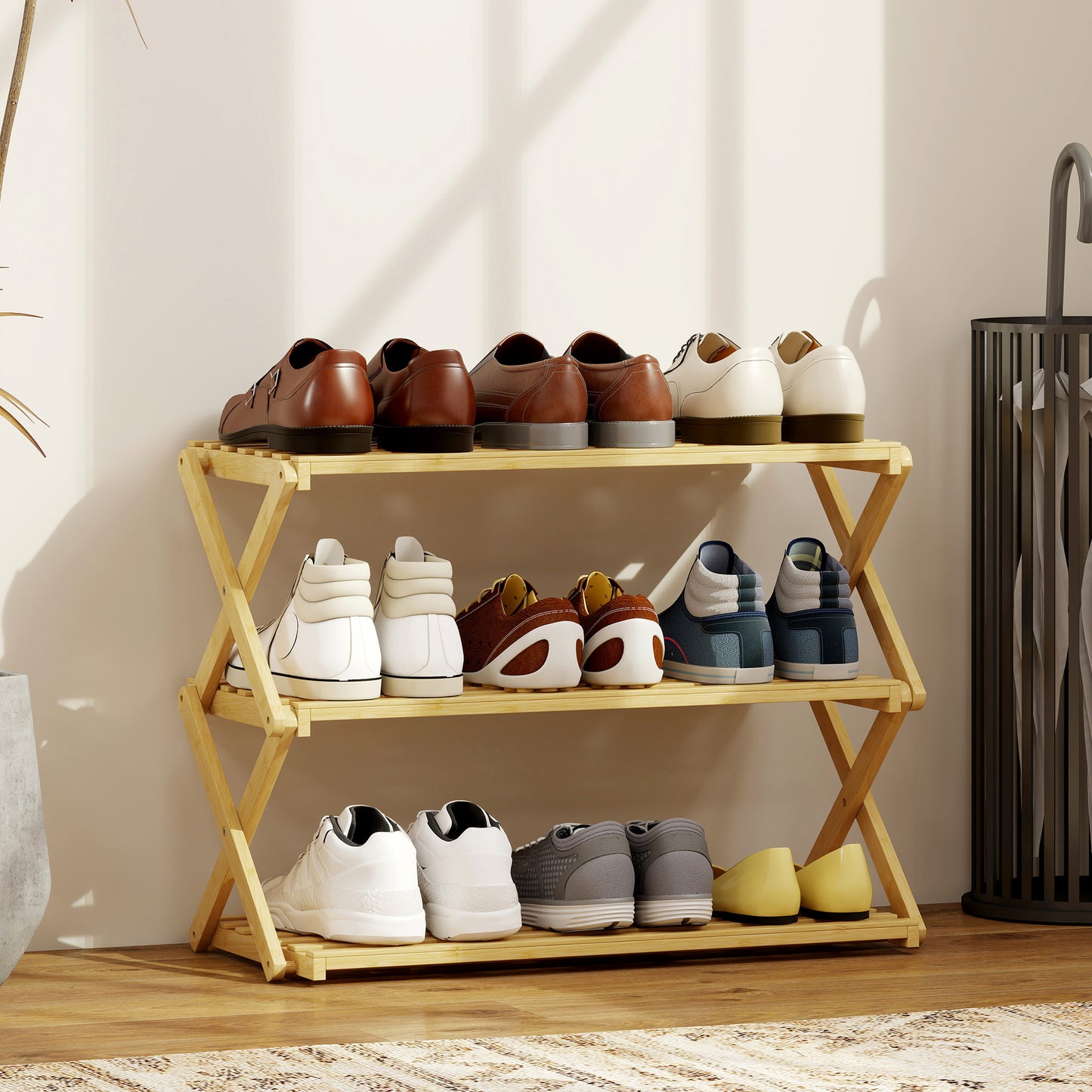 Three-Tier Folding Bamboo Shoe Rack - Natural Finish