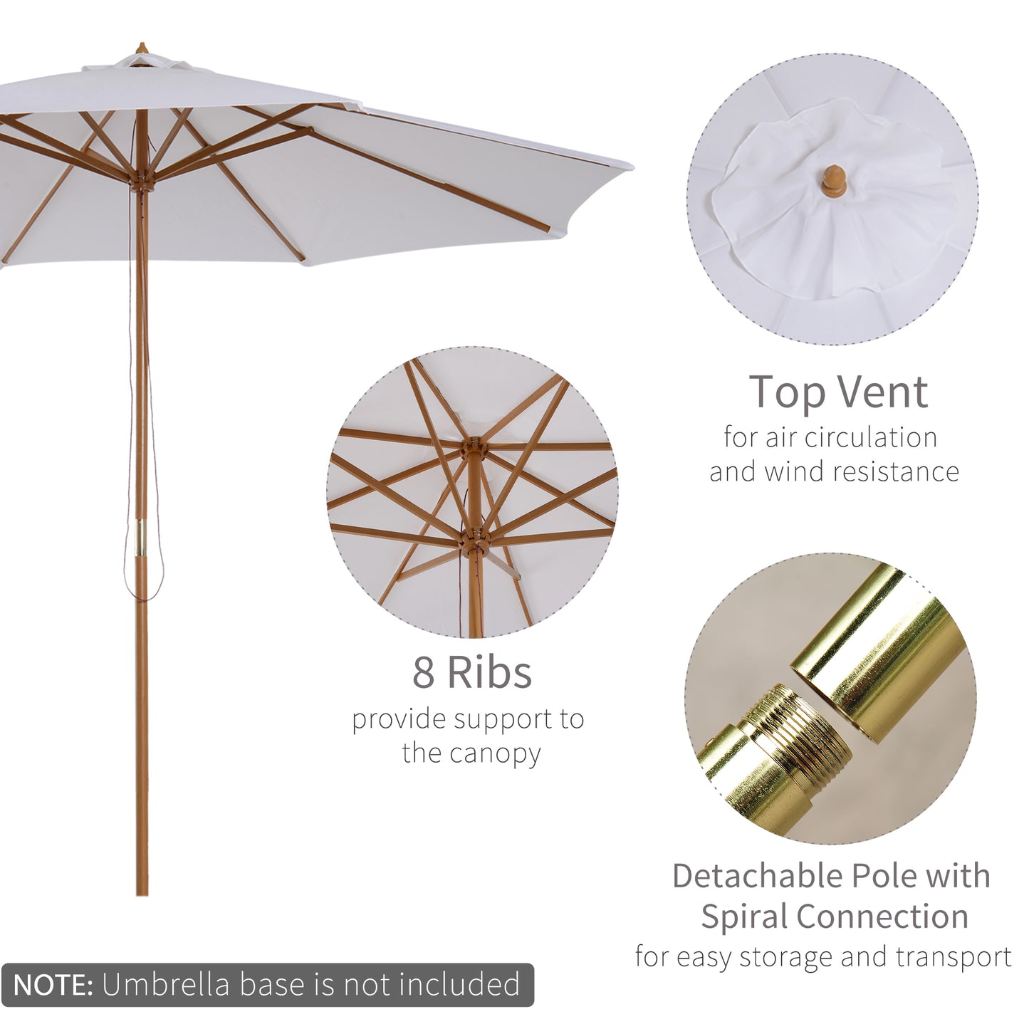 3(m) Garden Parasol, Pulley Operated Patio Umbrella, Wooden Table Market Umbrella with Rope Pulley Mechanism and 8 Ribs