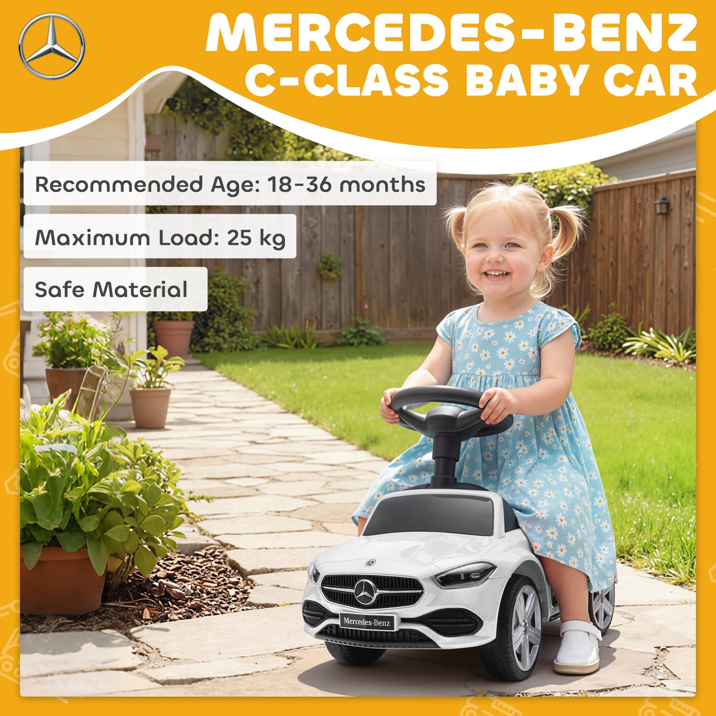 Official Mercedes-Benz Ride On Car, Foot to Floor Sliding Walker with Horn, Engine Sounds and Under-Seat Storage, White