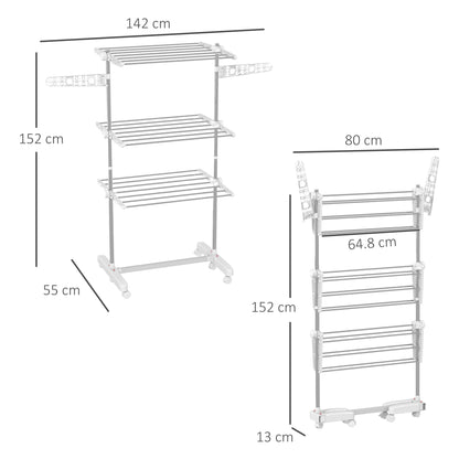 3-Tier Clothes Airer, Stainless Steel Foldable Clothes Drying Rack with Wheels and Wings, Indoor and Outdoor, Easy Assembly