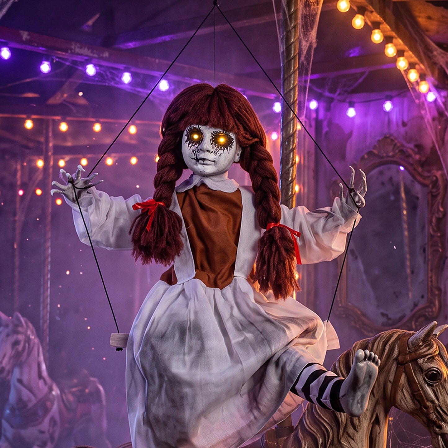 80 cm Halloween Animated Hanging Creepy Girl on Swing Decoration, Kicking Legs, Sound and Touch Activated