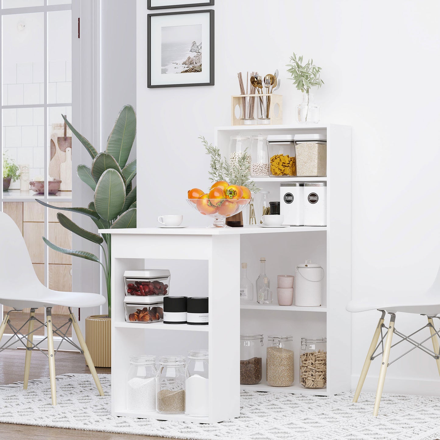 120cm Computer Desk, Wooden PC Laptop Table with 6-Tier Storage Bookshelves, Home Office Working Study Desk